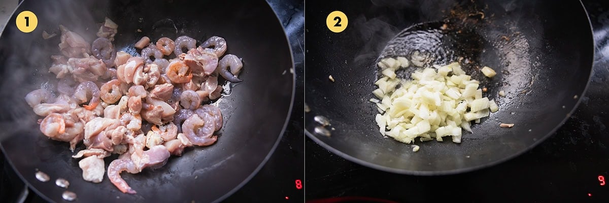 Stir-fry shrimp/prawn and chicken in oil in a hot wok. Remove and fry onion in the same hot wok until softened.