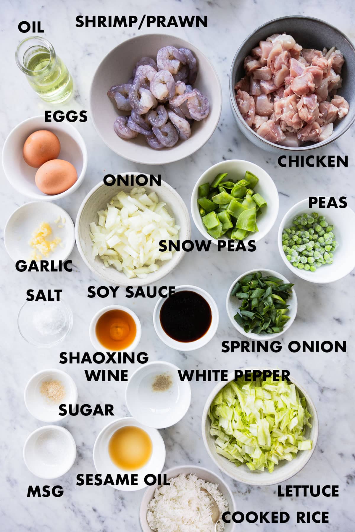 Shrimp And Chicken Fried Rice Ingredients Labeled.