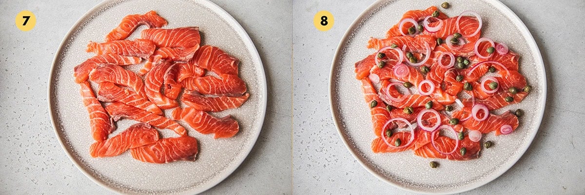 Assemble salmon slices on a shallow, rimmed serving plate. Top with pickled shallot and capers. Drizzle dressing, garnish with dill and serve immediately.