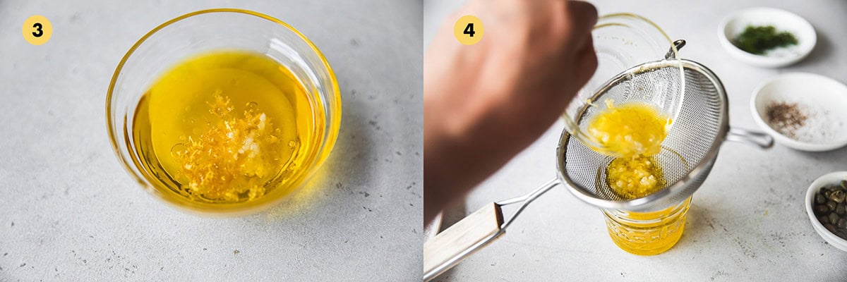 Add lemon zest, lemon juice, garlic and olive oil to a bowl. Mix the marinade, strain through a sieve and set aside.