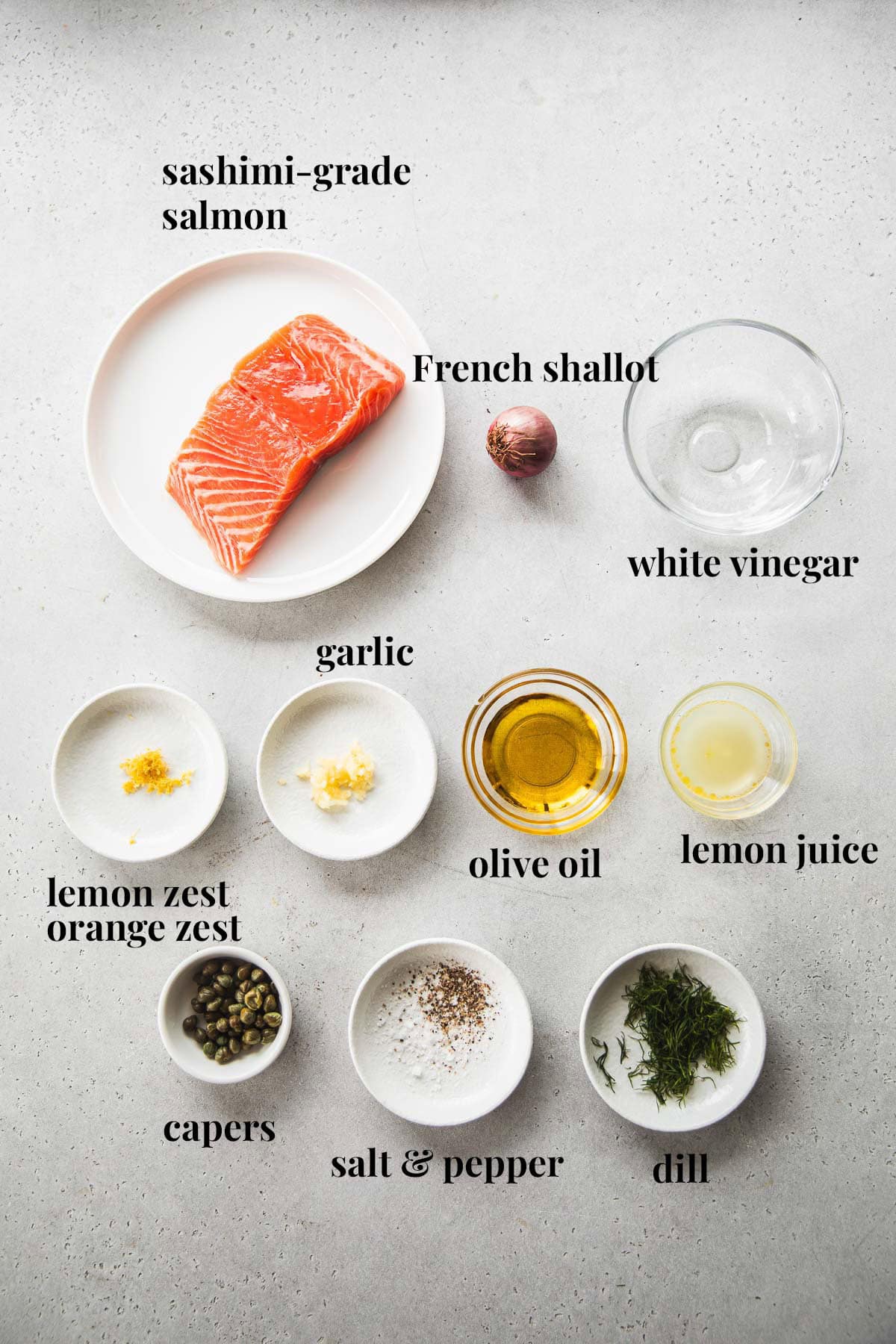 Salmon Crudo Ingredients, measured in bowls and labeled.