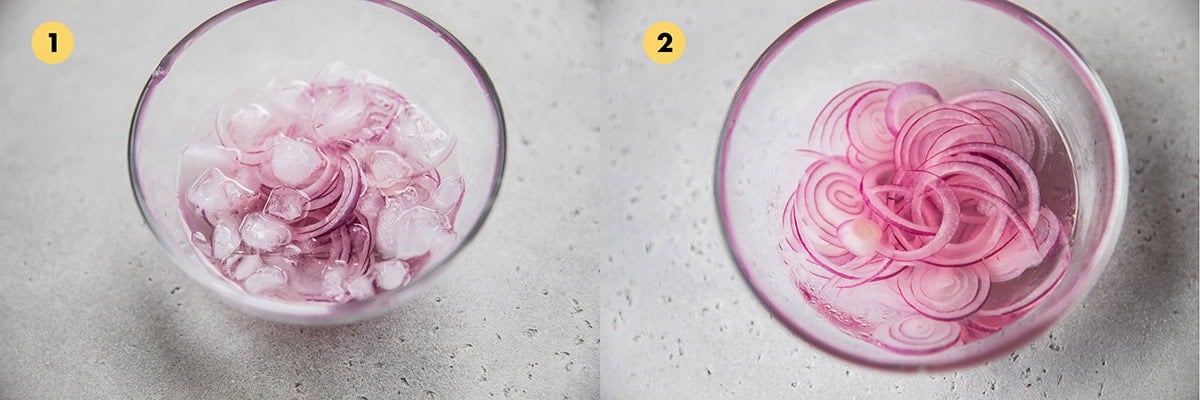 Place sliced French shallots in a glass bowl. Add vinegar, salt and pepper to pickle them until they are a deep pink colour.