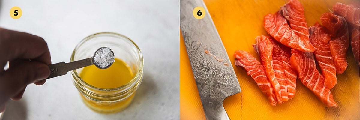 Season the marinade. Cut the chilled slab of salmon into thin 1/2cm slices.