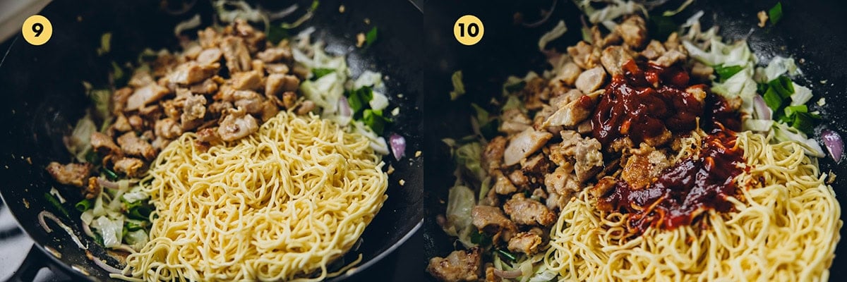 Add chicken and noodles to the wok. Add Schezwan sauce and stir fry for a couple of minutes, tossing to coat everything evenly.