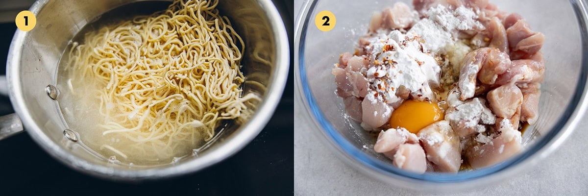 Cook noodles as per packet instructions. Marinate the chicken with egg, soy sauce, cornstarch and chilli flakes.