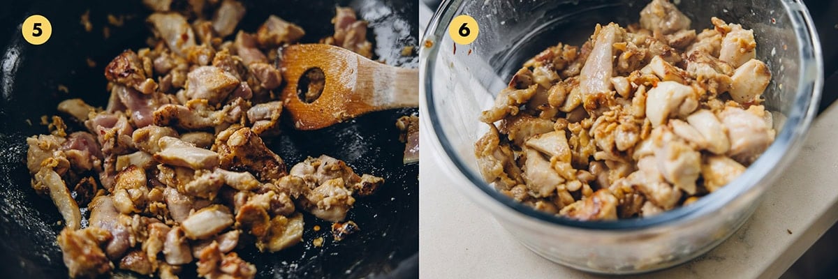 Stir and fry chicken on high heat until almost cooked through and golden. Remove chicken into a bowl. 