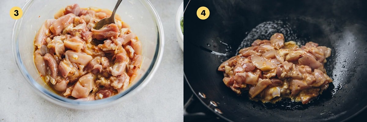 Mix the chicken with the marinade and allow to rest. Heat oil in a hot wok and add the chicken to the wok. 