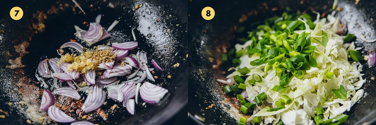 Stir-fry onion, ginger and garlic in oil in a hot wok. Add cabbage and spring onion and stir-fry briefly.