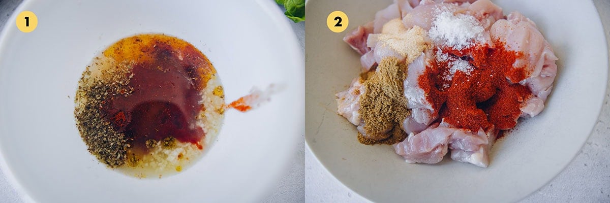 Mix all ingredients for salad dressing in a bowl. Add chicken and marinating ingredients to a bowl and mix well. 