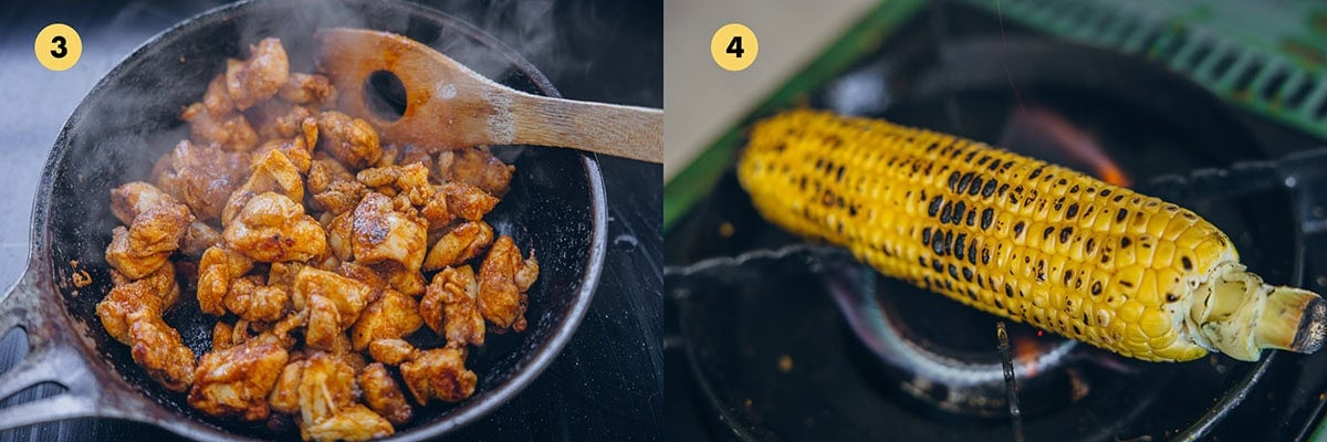 Pan-fry marinated chicken until golden and cooked through. Grill corn and remove kernels into a bowl. 