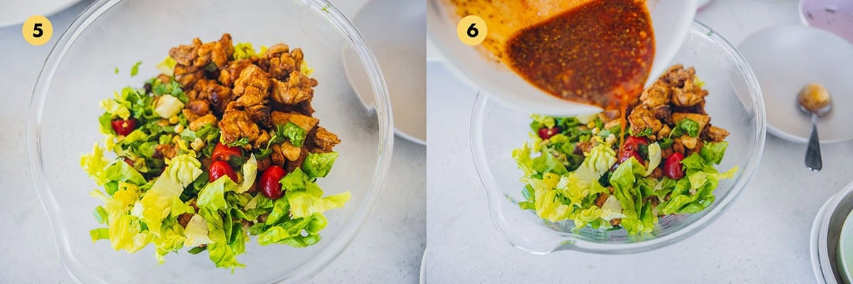 Add cooked chicken, black beans, cherry tomatoes, avocado, cos lettuce, coriander to a bowl. Add salad dressing and mix to coat everything evenly. 