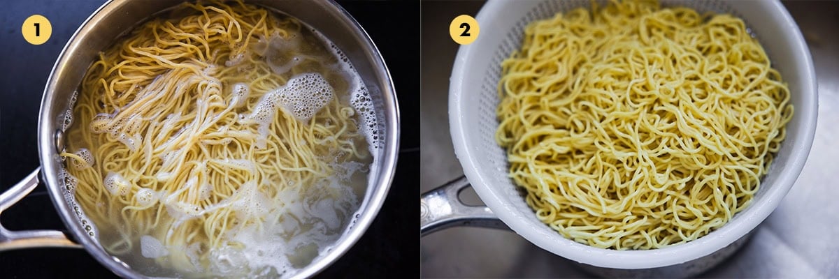 Cook Chow Mein Noodles in boiling water for a couple of minutes. Drain, refresh with cold water, drain completely and set aside.