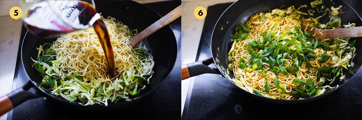 Add cooked chow mein noodles and sauce. Stir-fry for a couple of minutes. Add remaining spring onion, toss and serve hot.
