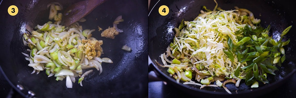 Stir fry onion and aromatics in oil in a wok on high heat. Add celery, cabbage and half the spring onion and stir-fry.
