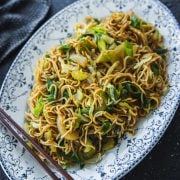 Panda Express Chow Mein Noodles served in a vintage, blue, floral, oval platter; chopsticks on the side