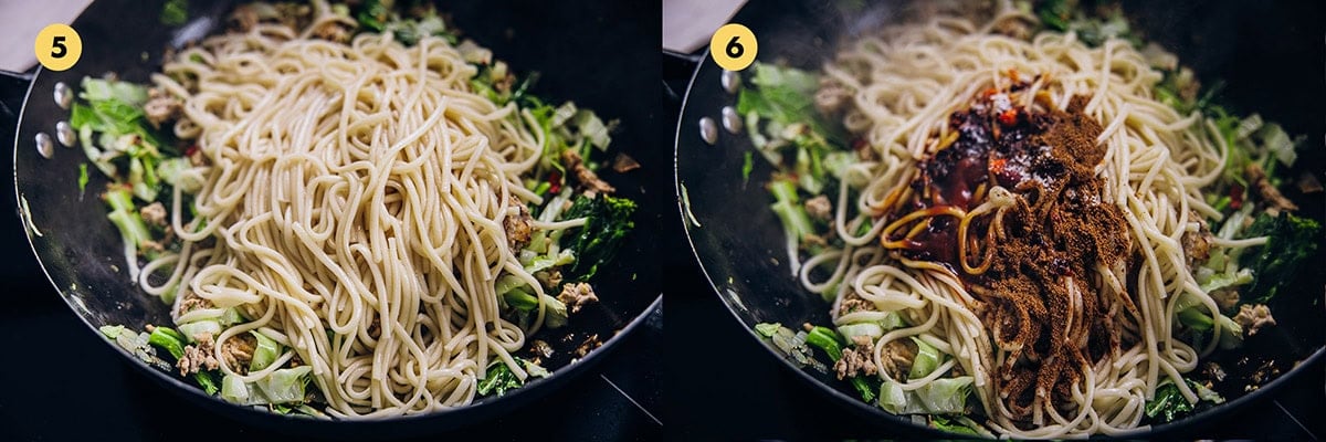 Add cooked udon noodles and sauces to the wok. Toss and stir-fry for 1-2 minutes until thoroughly mixed and heated through.