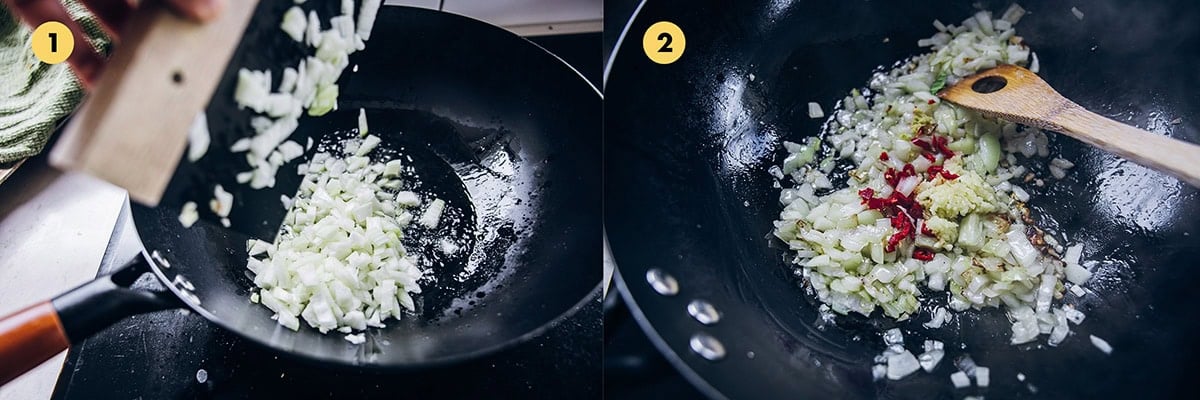 Add oil to a wok on high heat and stir-fry onions until glazed and slightly soft. Add ginger, garlic and chilli and stir fry for a few seconds until fragrant.