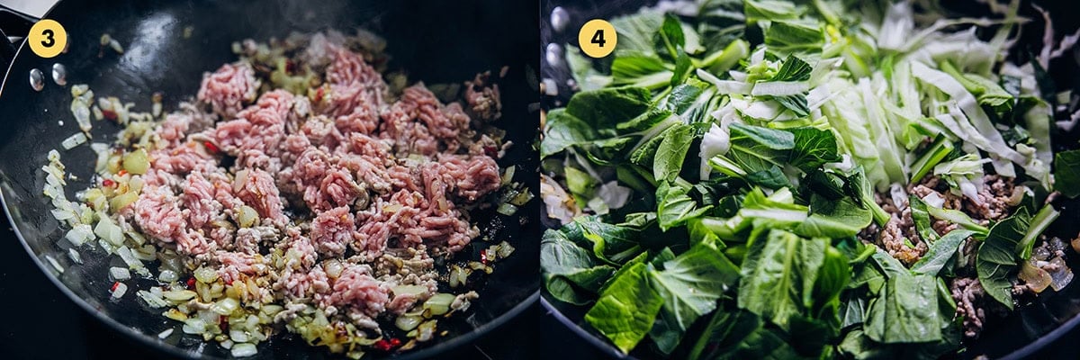 Add pork to the hot wok, break up into clumps and allow to cook and caramelize before tossing and allowing to cook again until opaque and cooked. Add the greens and stir-fry for half a minute.