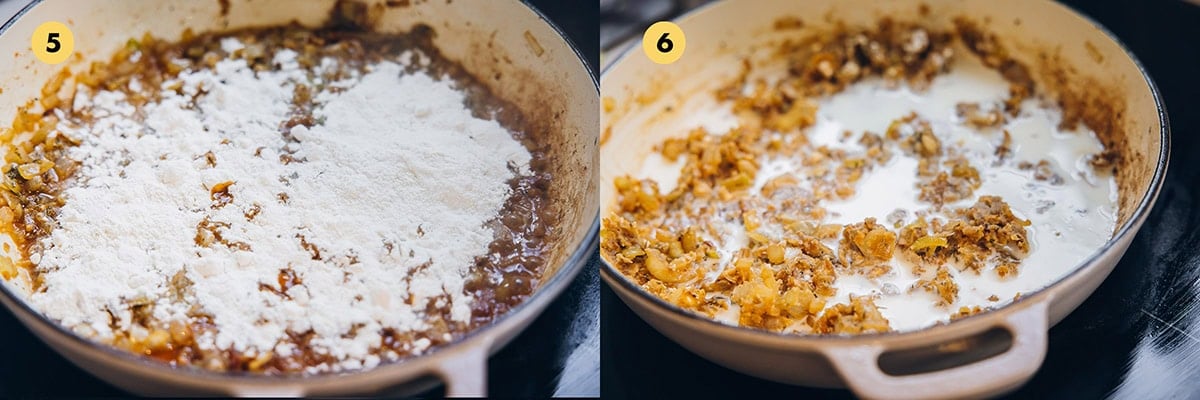 Add flour, milk and cream. Cook until toasty. 