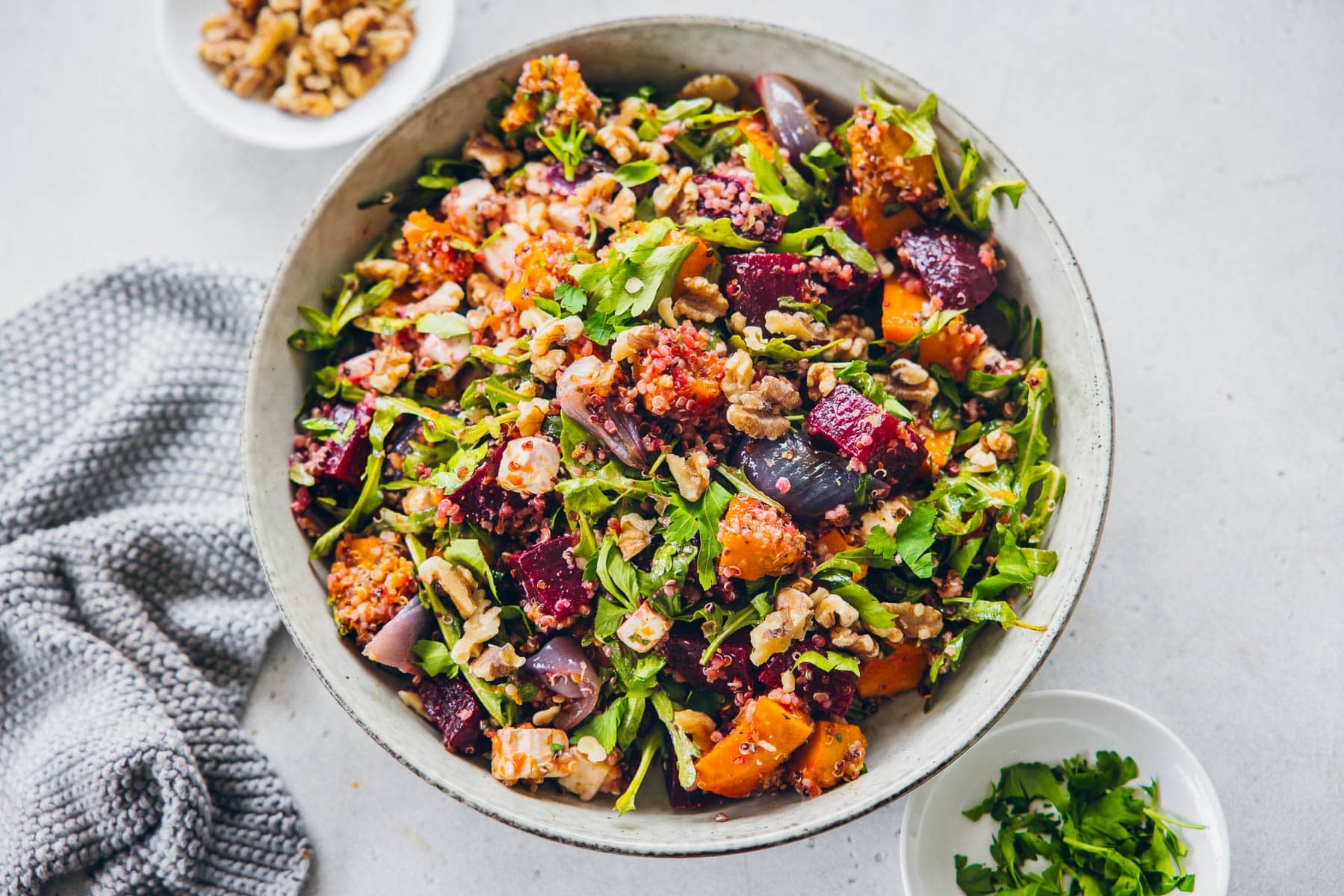 Beetroot Quinoa Salad With Roast Pumpkin, Feta And Walnuts.