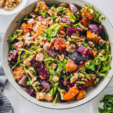 Beetroot Quinoa Salad With Pumpkin And Feta in a bowl.