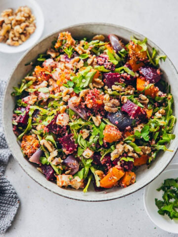 Beetroot Quinoa Salad With Pumpkin And Feta in a bowl.