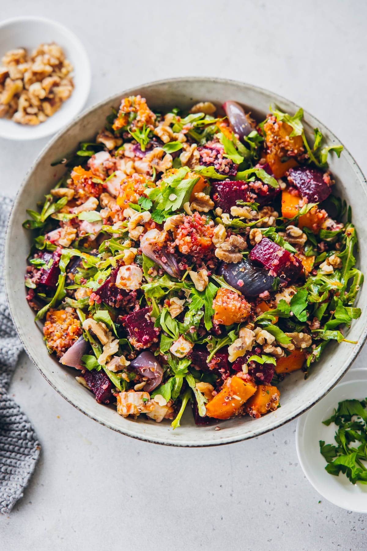 Beetroot Quinoa Salad With Pumpkin And Feta in a bowl.