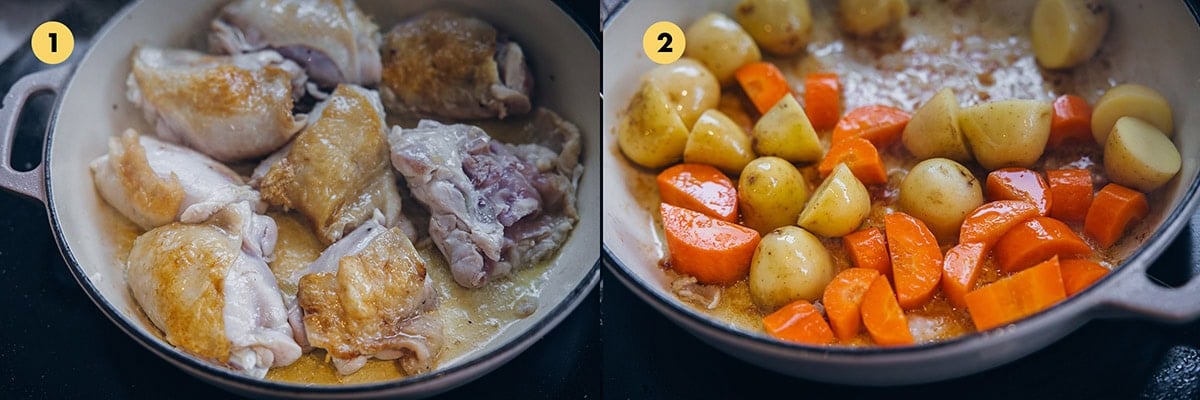 Cook chicken in a pan in olive oil until golden and seared. Saute vegetables in a pan in olive oil until browned and glazed.