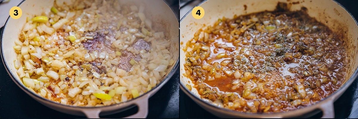 Cook onion in butter until caramelized. Add garlic, herbs and deglaze with white wine. 