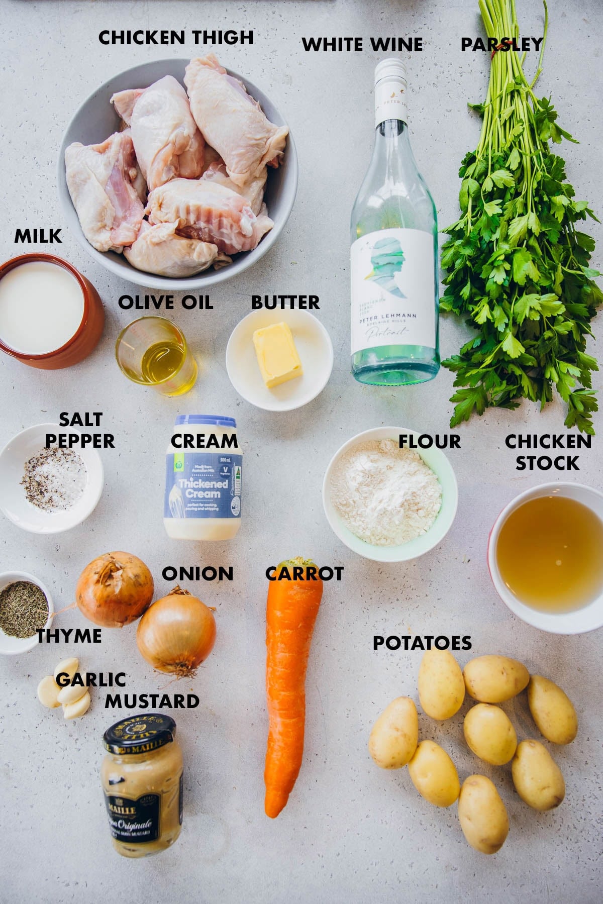 Creamy chicken casserole ingredients labeled