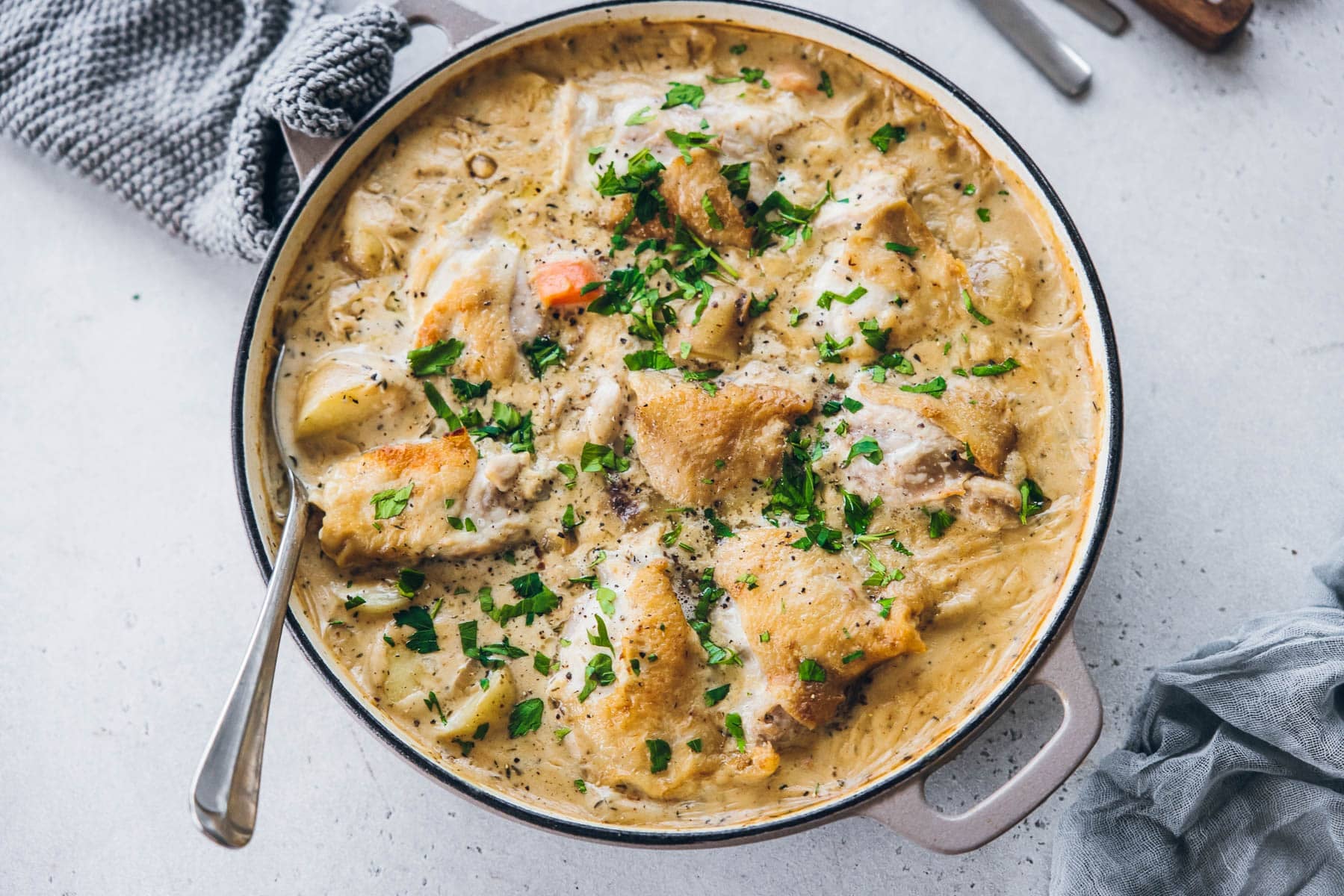 Creamy Chicken Casserole p- FRench-style chicken bake with vegetables.