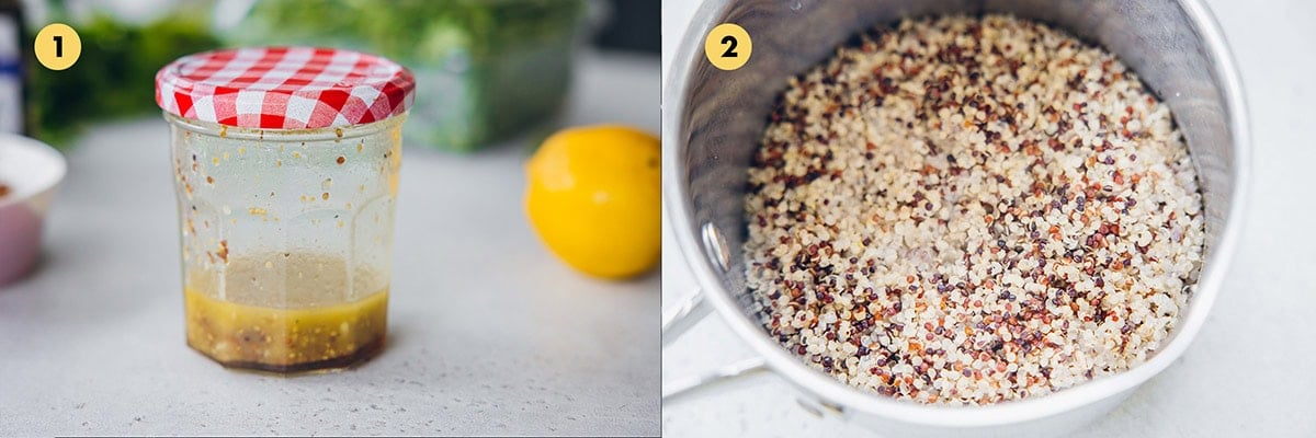 Make Beetroot Quinoa Salad Dressing in a glass jar. Cook quinoa on the hob.