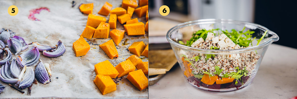 Roast pumpkin and red onion. Mix salad in a large bowl.