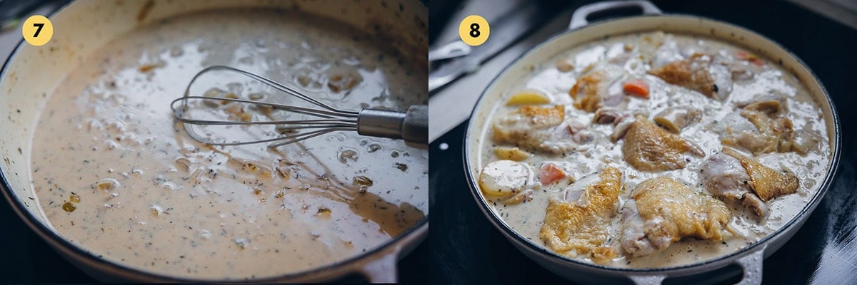 Add chicken stock and break up lumps with a whisk. Cook until creamy and thickened. Add veggies and chicken and bake in the oven.