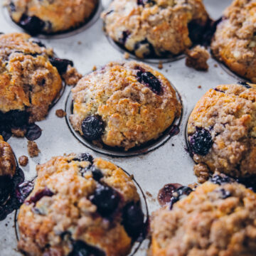 Buttermilk Blueberry Muffins in a muffin tin.