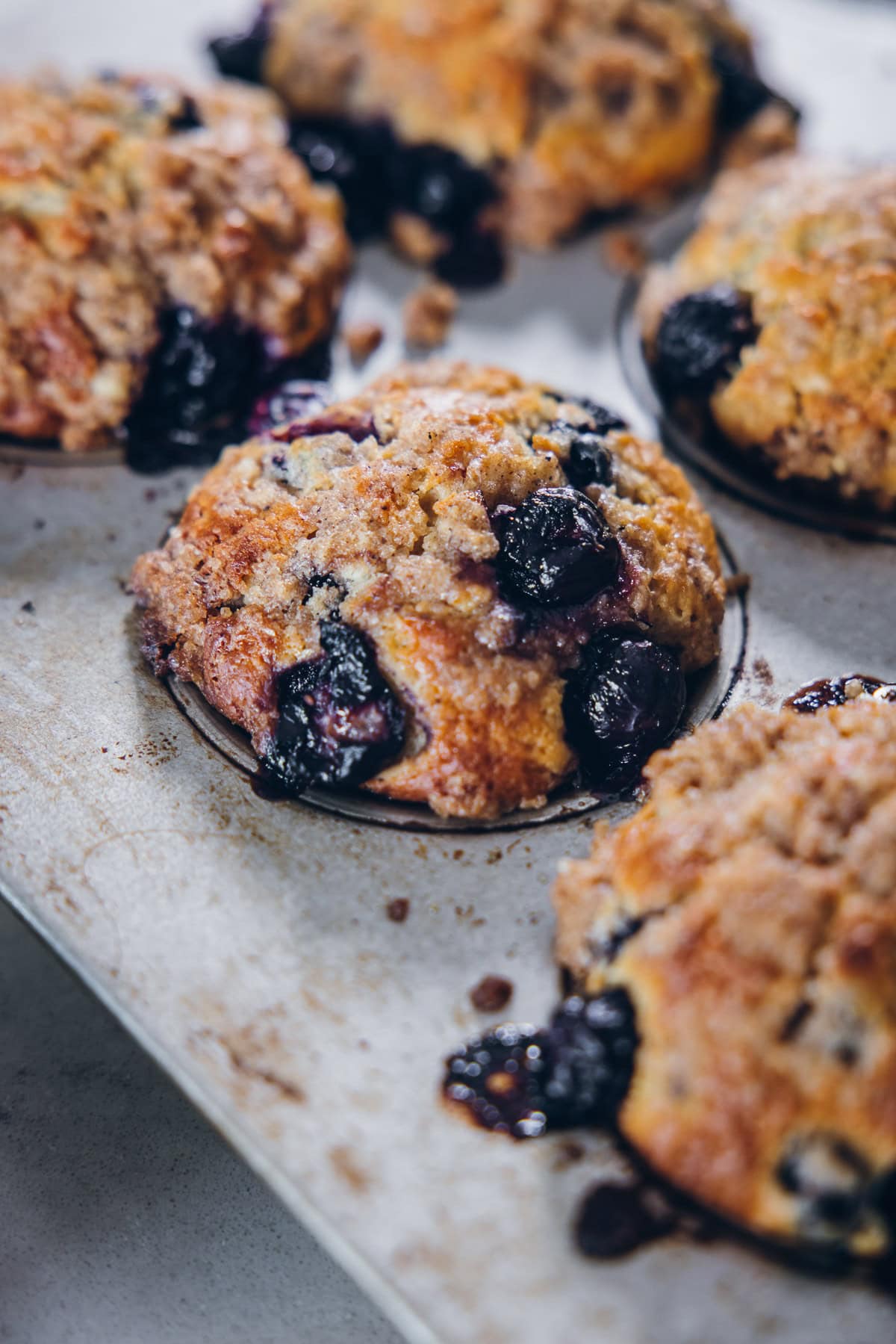 Buttermilk Blueberry Muffins in a tin.