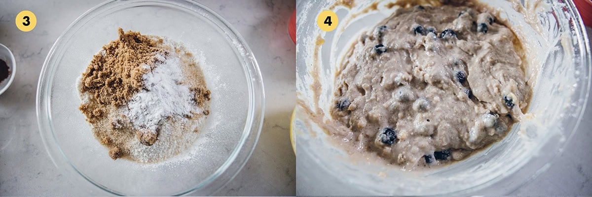 Add flour, sugars, salt and baking powder to a large bowl. Add wet mixture to the bowl with blueberries and mix gently with a spoon until just combined.