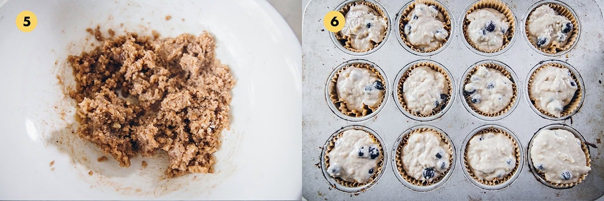 Mix ingredients for streusel topping in a bowl until it resembles breadcrumbs. Line a 12-hole muffin tin with baking paper cups. Divide batter equally amongst the paper cases.