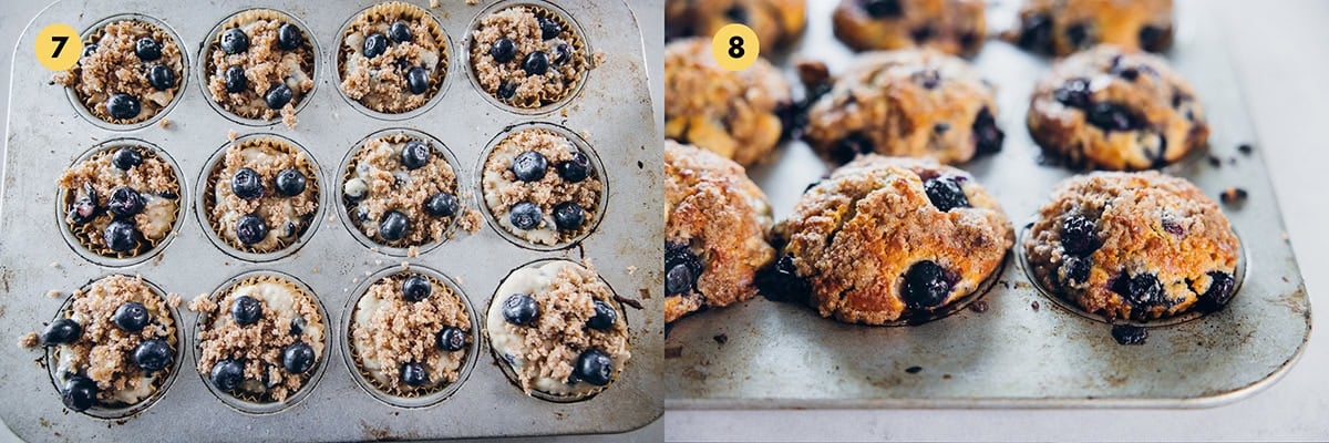 Top the batter with streusel toppings and extra blueberries. Bake in the oven until golden and risen.