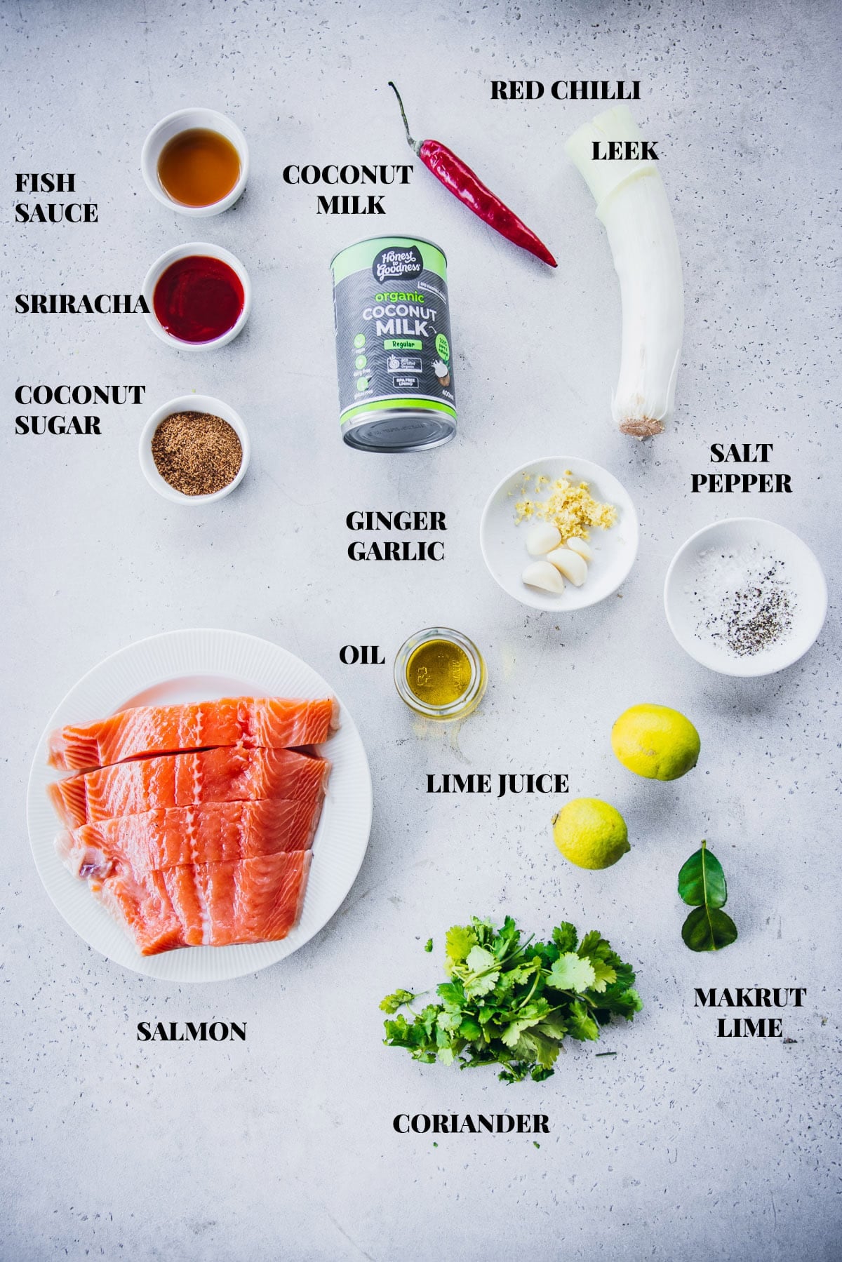 Ingredients for Crispy Salmon in Coconut Lime Sauce - Salmon fillets, coconut milk, lime leaves, coriander, leek, ginger, garlic, chilli, Sriracha, fish sauce, coconut sugar, oil, salt and pepper.