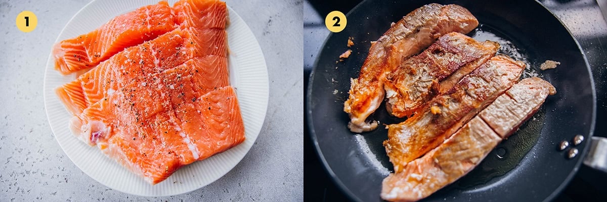 Rub salt and pepper on salmon fillets. Heat oil in a pan on high and cook salmon fillets on each side for a few minutes until crispy.